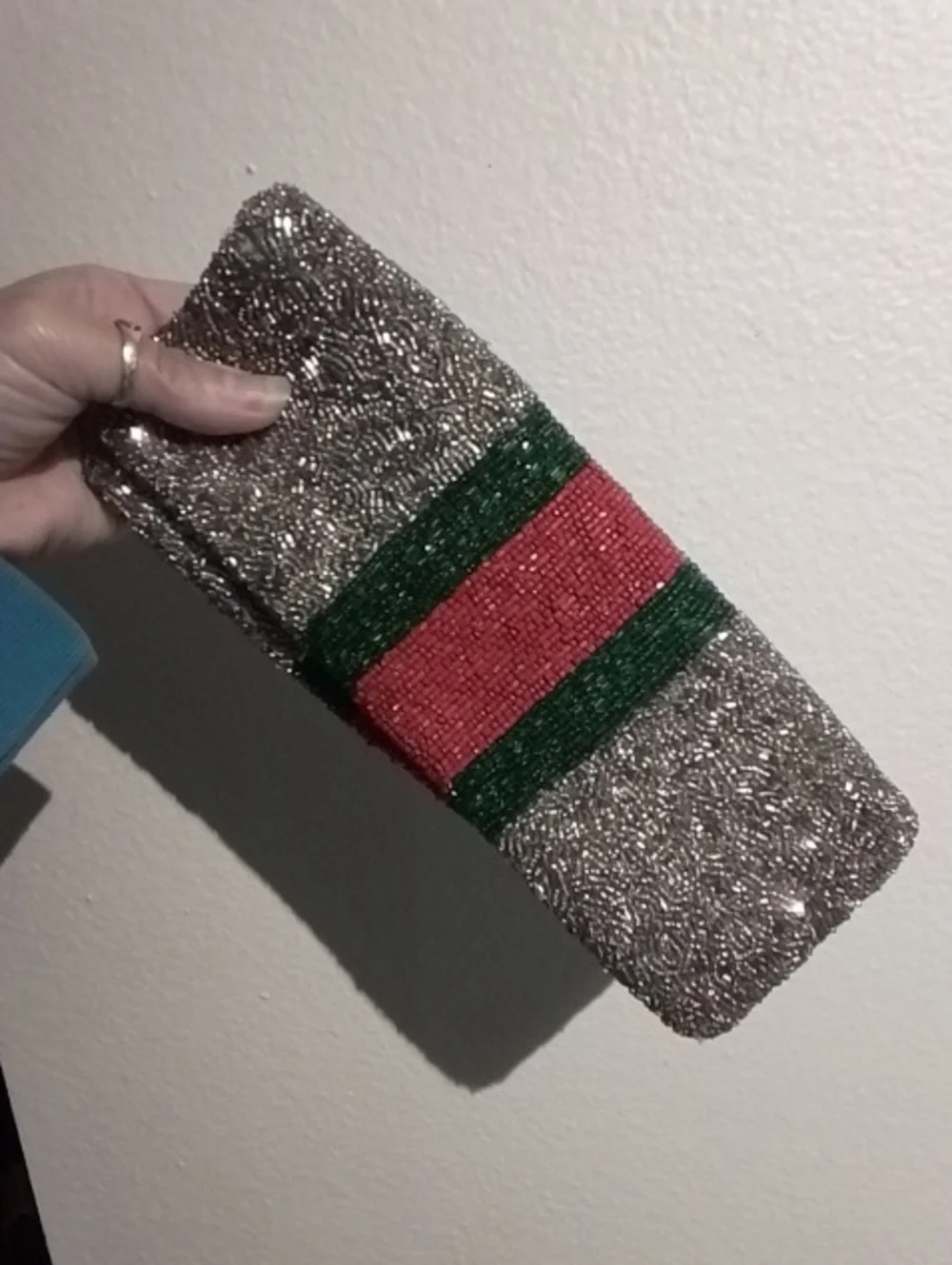 Tiana Hand Beaded Metallic Silver Clutch Bag Green Red Silver